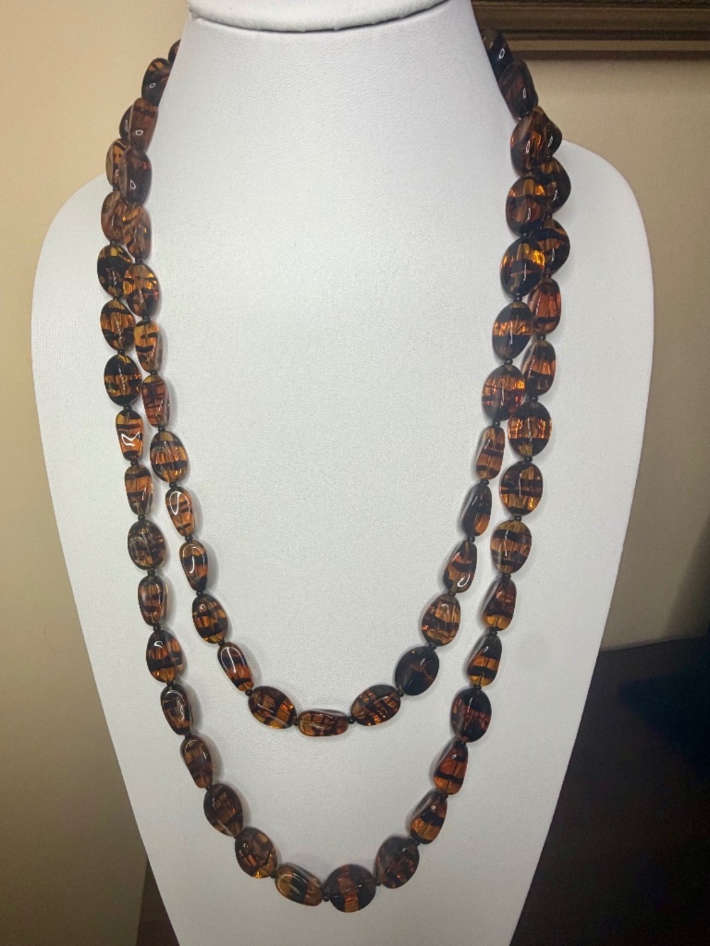 Vintage Amber Black Root Beer Glass Necklace 30" Drop VERY LONG - Picture 5 of 16